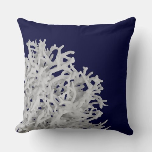 Tropical White Sea Coral on Navy Blue Beach Throw Pillow