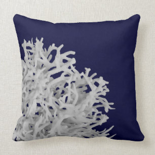 Tropical White Sea Coral on Navy Blue Beach Throw Pillow