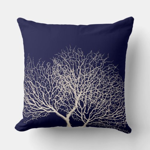 Tropical White Sea Tree Coral on Navy Blue Beach Throw Pillow