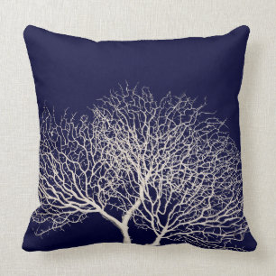 Tropical White Sea Tree Coral on Navy Blue Beach Throw Pillow