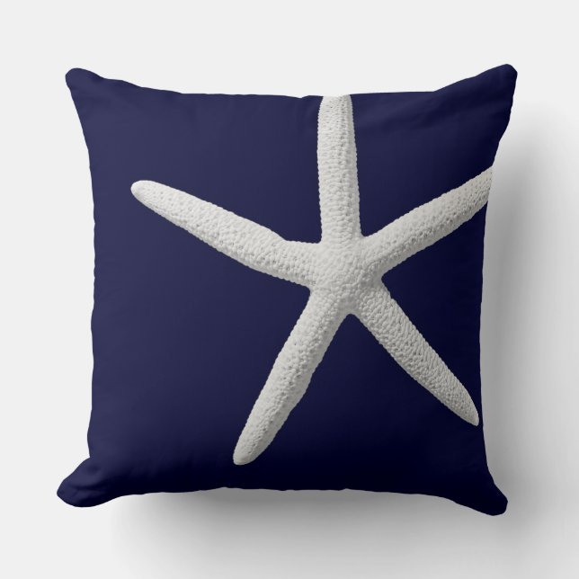 Tropical White Starfish on Navy Blue Beach Throw Pillow (Front)