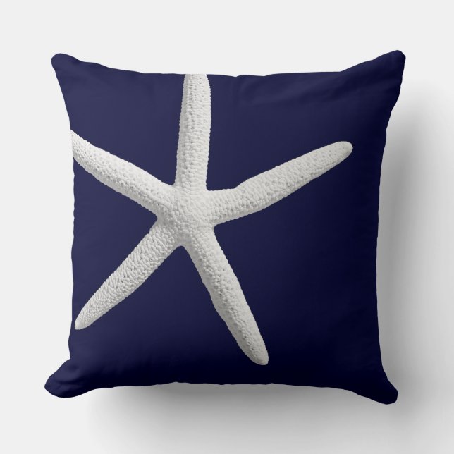 Tropical White Starfish on Navy Blue Beach Throw Pillow (Front)