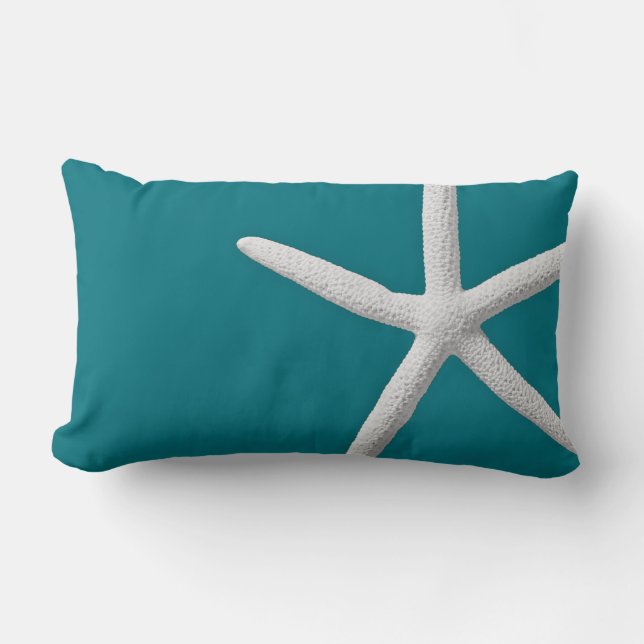 Tropical White Starfish on Teal Beach Lumbar Pillow (Front)