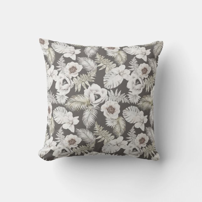 Tropical White Summer Florals Outdoor Pillow (Front)