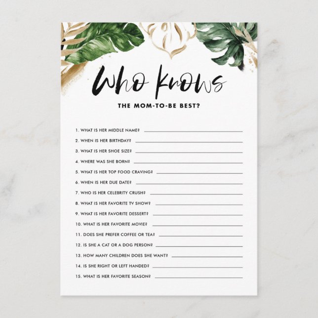 Tropical Who Knows Mom the Best Baby Shower Game Enclosure Card (Front)