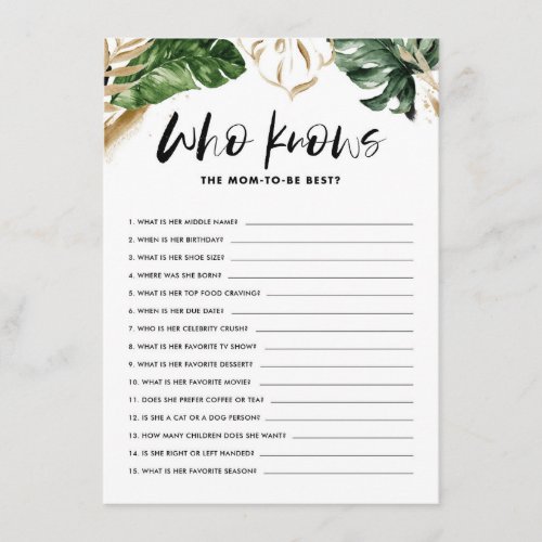 Tropical Who Knows Mom the Best Baby Shower Game Enclosure Card