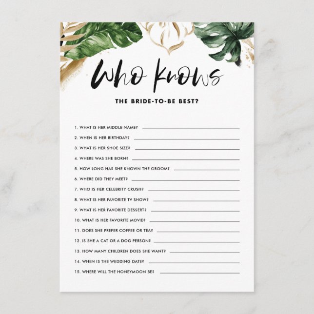 Tropical Who Knows the Bride Best Shower Game Card (Front)