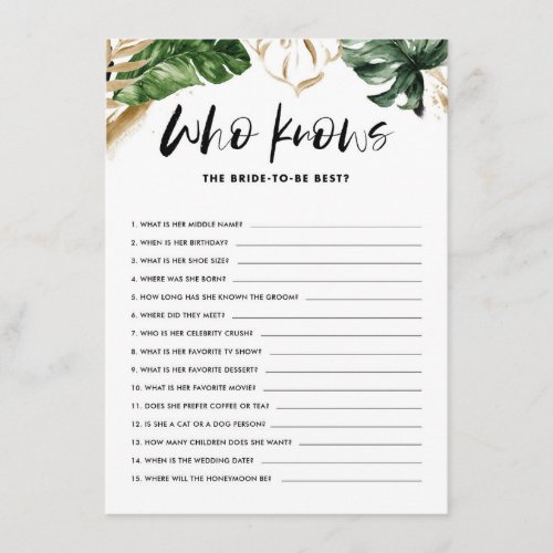 Tropical Who Knows the Bride Best Shower Game Card