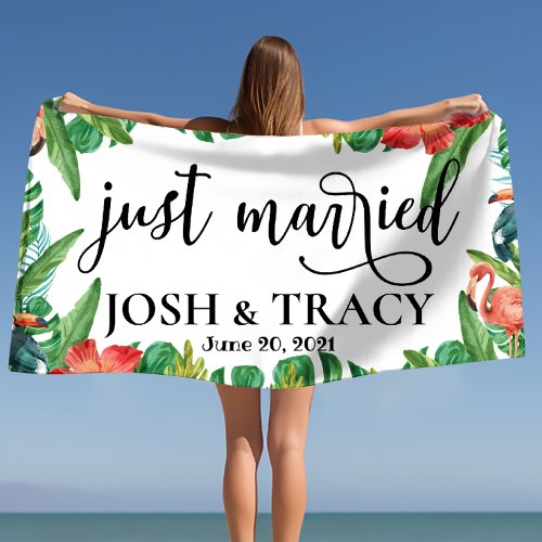 Tropical Wifey and Hubby Just Married Custom Beach Towel