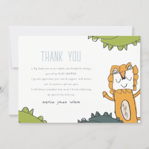 Tropical Wild Jungle Lion Kid Drawn Baby Shower Thank You Card