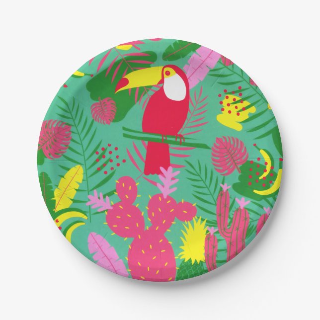 Tropical Wild Jungle Paradise Toucan Watercolor Paper Plates (Front)