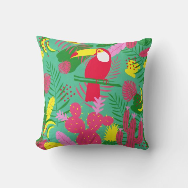 Tropical Wild Jungle Paradise Toucan Watercolor Throw Pillow (Front)