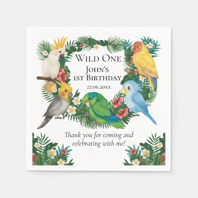 Tropical Wild One Exotic Parrots Greenery Birthday Napkins (Front)