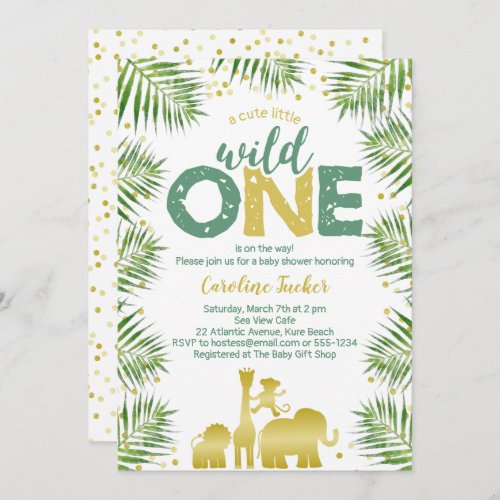 Tropical Wild One Gold Safari Animals Baby Shower Invitation