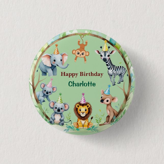 Tropical Wild One Jungle Safari Animals Birthday  Button (Front)