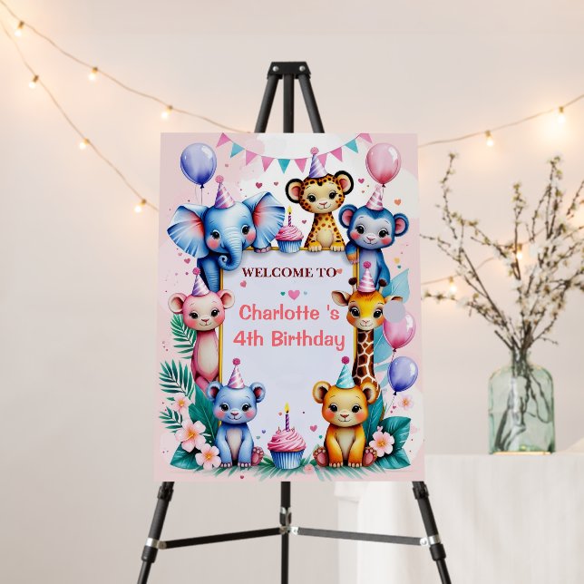 Tropical Wild One Jungle Safari Animals Birthday Foam Board (In Situ (Stand))