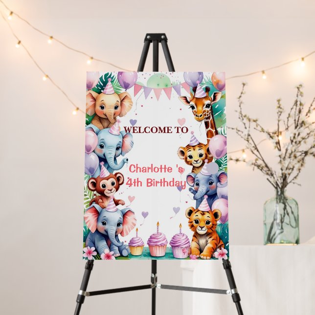 Tropical Wild One Jungle Safari Animals Birthday Foam Board (In Situ (Stand))