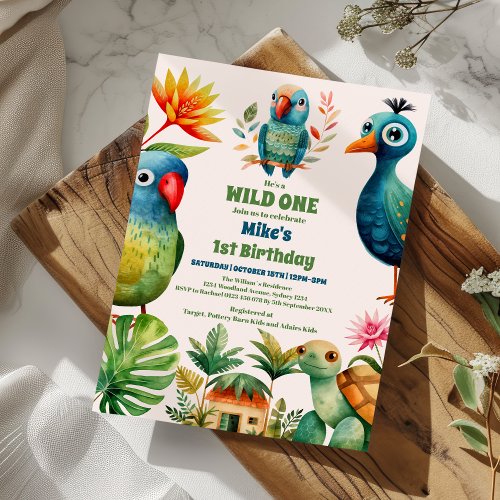 Tropical Wild One Jungle Safari Animals Birthday Invitation