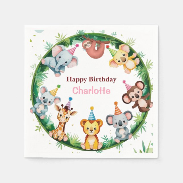 Tropical Wild One Jungle Safari Animals Birthday  Napkins (Front)