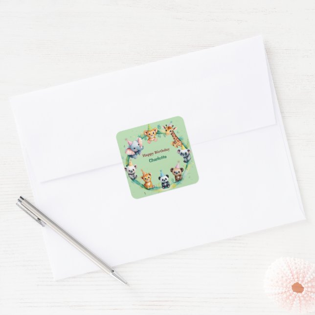 Tropical Wild One Jungle Safari Animals Birthday  Square Sticker (Envelope)