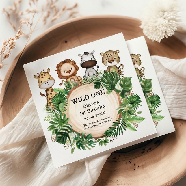 Tropical Wild One Jungle Safari Greenery Birthday Napkins (Creator Uploaded)