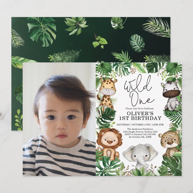 Tropical Wild One Safari Animals 1st Birthday Boy Invitation (Front/Back)