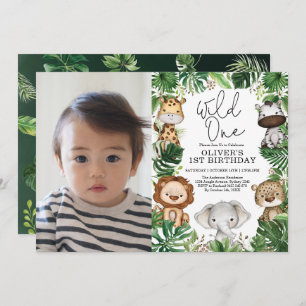 Tropical Wild One Safari Animals 1st Birthday Boy Invitation