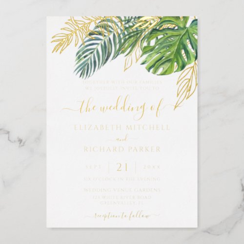 Tropical Wild Palm Leaves Wedding Foil Invitation