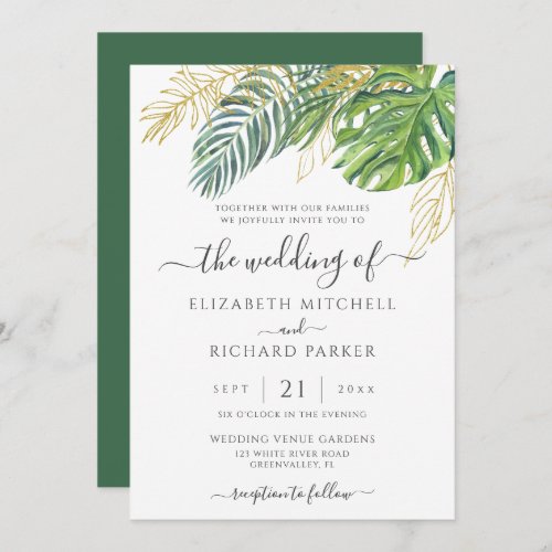 Tropical Wild Palm Leaves Wedding Invitation