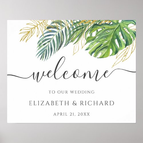 Tropical Wild Palm Leaves Wedding Welcome Sign