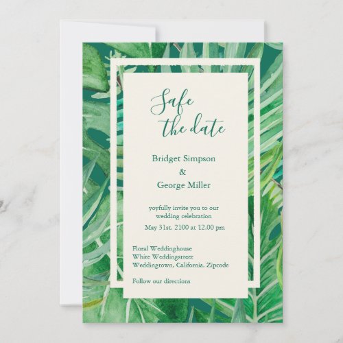 Tropical wildflower greenery wedding safe the date invitation