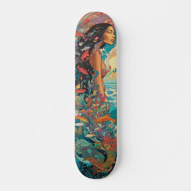 Tropical woman and fish vintage skateboard (Front)