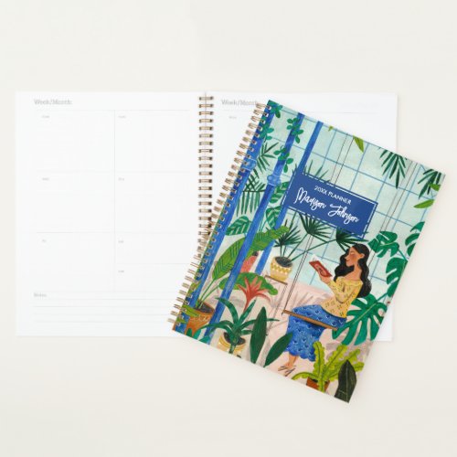 Tropical woman in greenhouse reading illustration planner