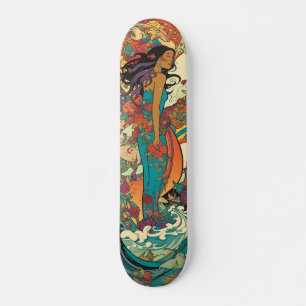 Tropical woman with flowers and sea vintage skateboard