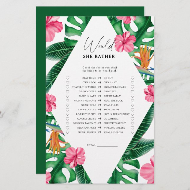 Tropical - Would she rather bridal shower game (Front/Back)