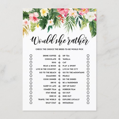 Tropical Would She Rather Bridal Shower Game Card