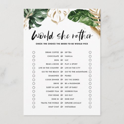 Tropical Would She Rather Bridal Shower Game Enclosure Card