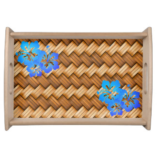 Tropical Woven Basket Blue Hibiscus Flower Serving Tray
