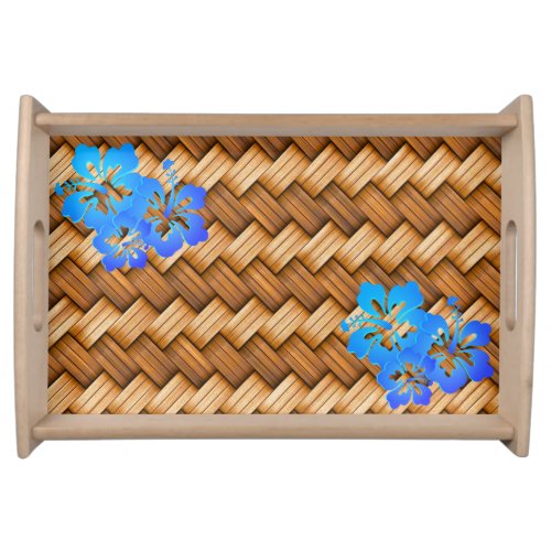 Tropical Woven Basket Blue Hibiscus Flower Serving Tray