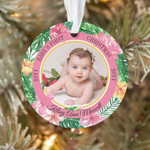 Tropical Wreath Babys First Christmas Photo Ornam Ornament