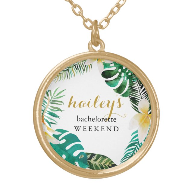 Tropical Wreath Bachelorette Weekend with Name Gold Plated Necklace (Front)
