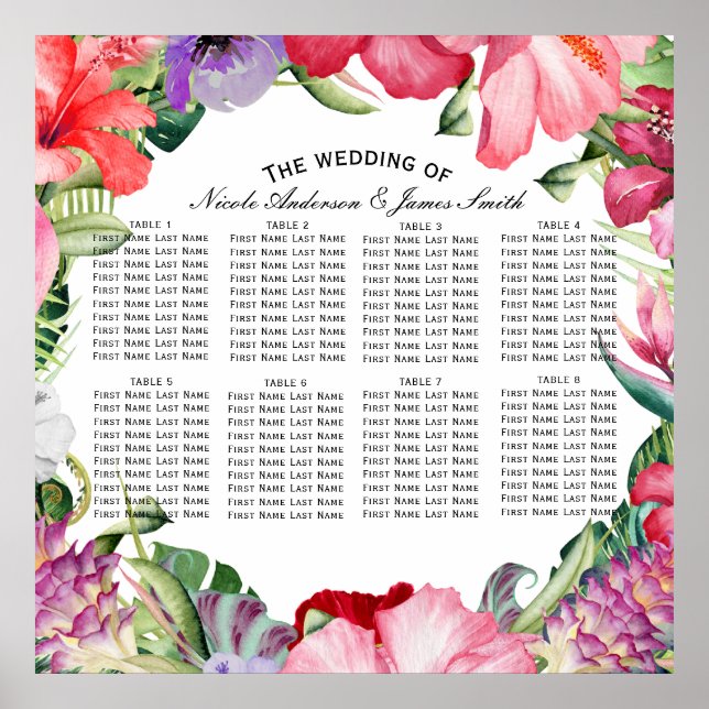 Tropical Wreath Floral Hibiscus Wedding Seating Poster (Front)