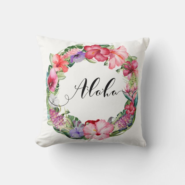 Tropical Wreath Floral Lei Hibiscus Summer Aloha Throw Pillow (Front)