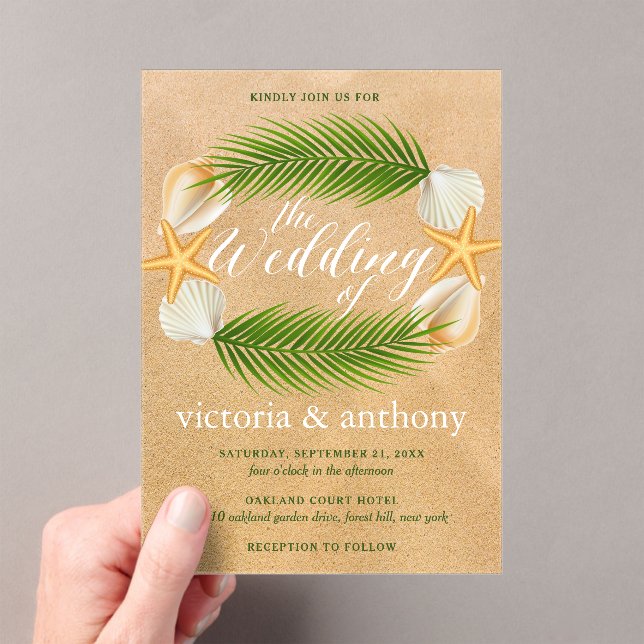 Tropical Wreath Sandy Beach Wedding Acrylic Invitations (Insitu (Handheld))