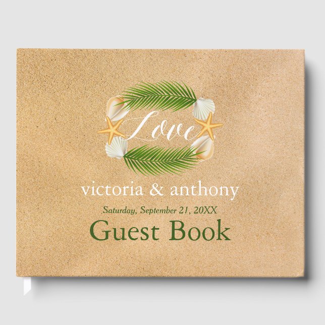 Tropical Wreath Sandy Beach Wedding Guest Book (Front)