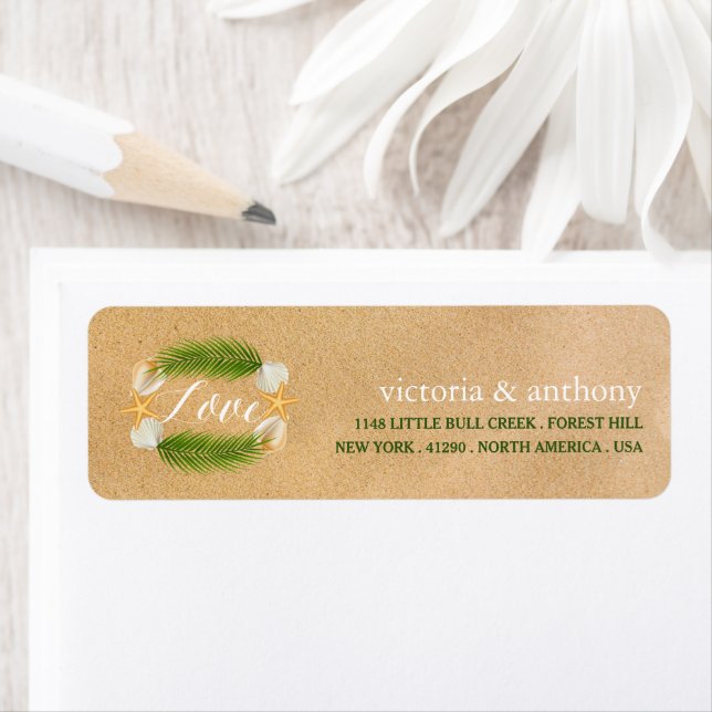 Tropical Wreath Sandy Beach Wedding Label (Insitu)