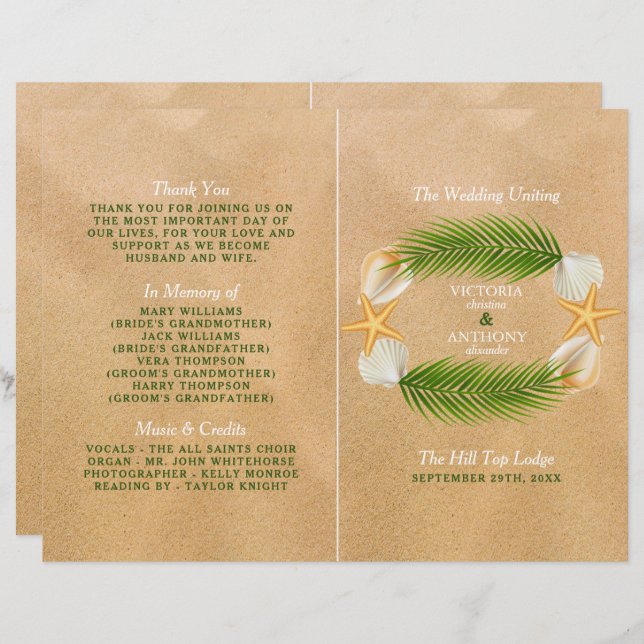 Tropical Wreath Sandy Beach Wedding Program (Front/Back)