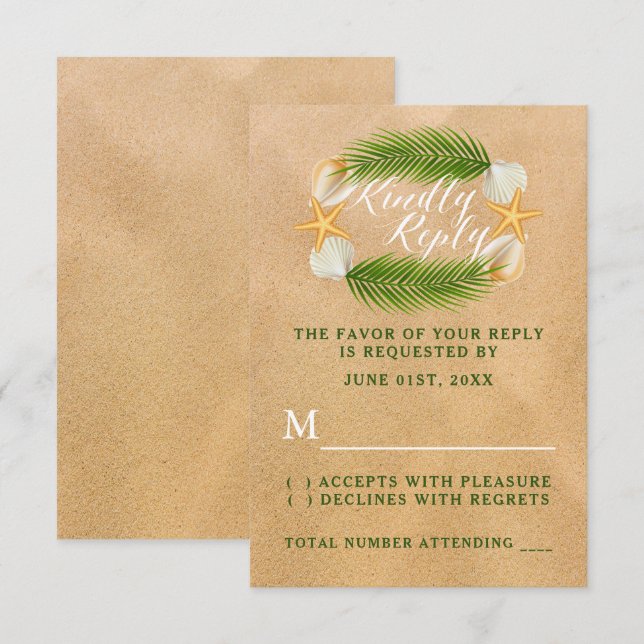Tropical Wreath Sandy Beach Wedding RSVP Card (Front/Back)