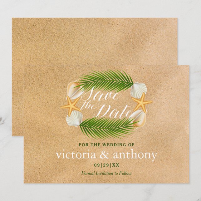 Tropical Wreath Sandy Beach Wedding Save The Date (Front/Back)