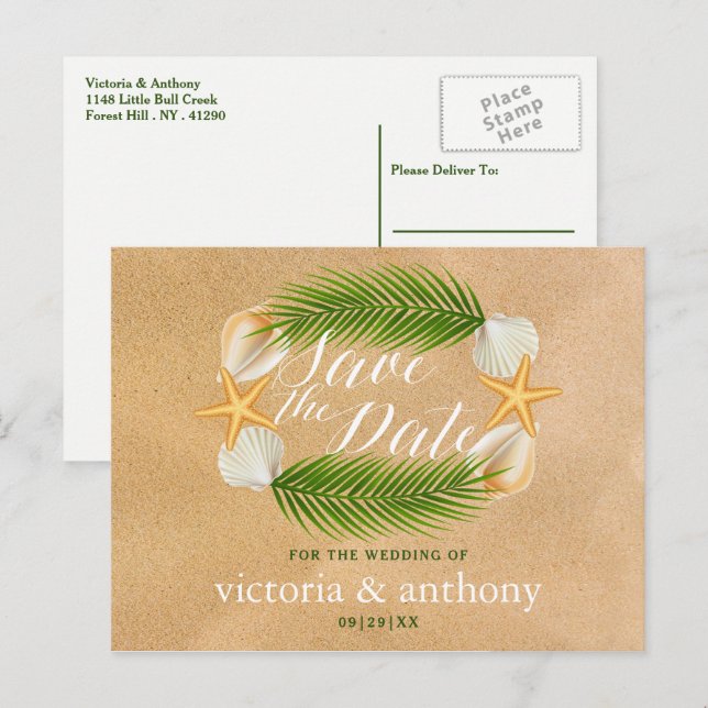 Tropical Wreath Sandy Beach Wedding Save The Date Announcement Postcard (Front/Back)